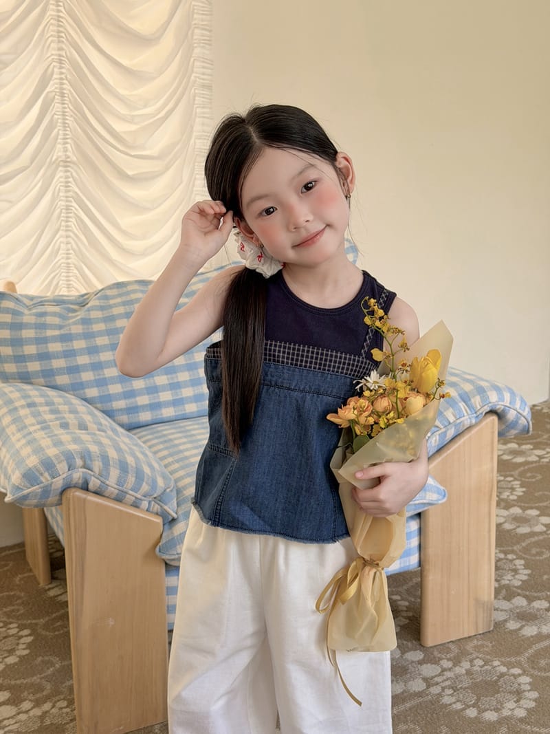復古拼接格子牛仔吊帶背心+深藍寬帶背心兩件組(100-170)