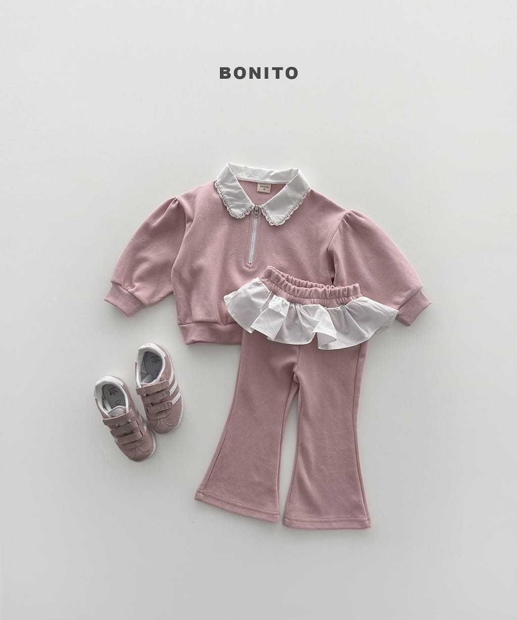 韓國🇰🇷Bonito 花邊領拉鍊衫裙擺喇叭褲套裝(12m-XL/JS-JM)