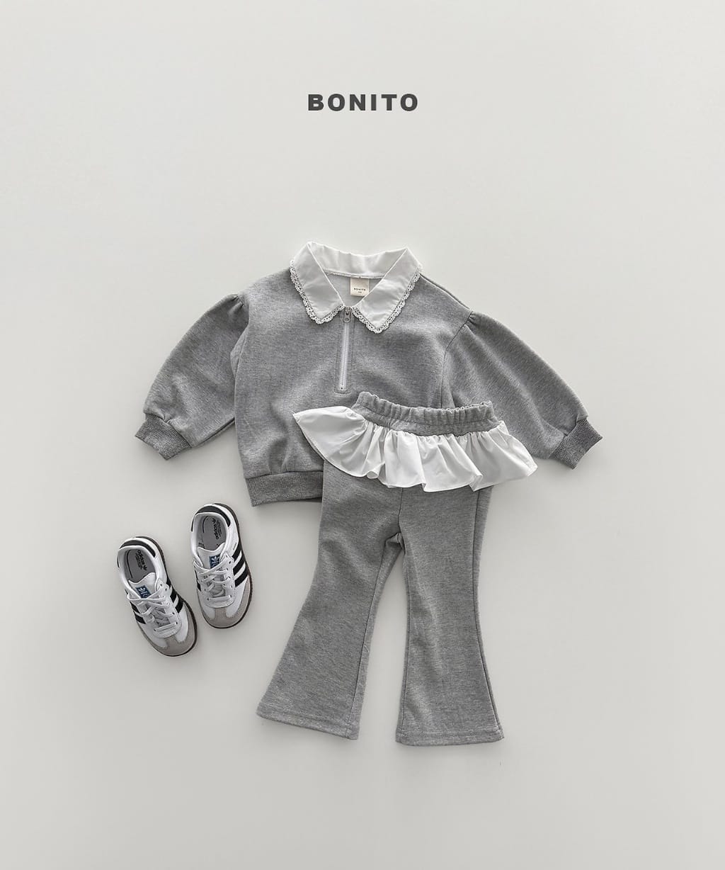 韓國🇰🇷Bonito 花邊領拉鍊衫裙擺喇叭褲套裝(12m-XL/JS-JM)