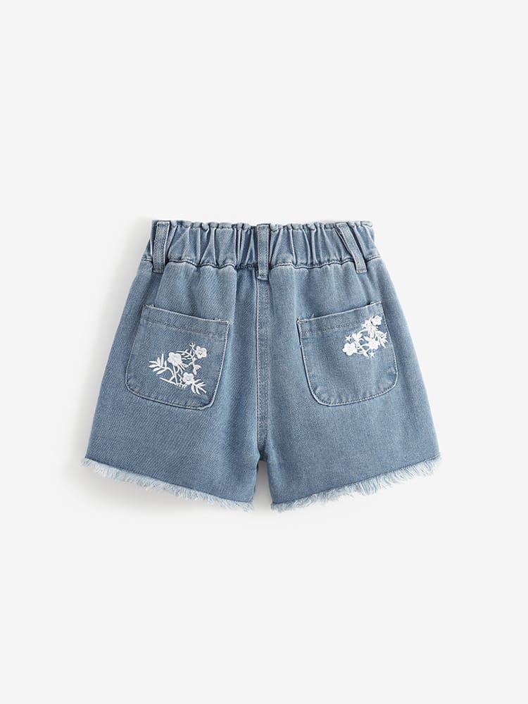 刺繡花卉流蘇牛仔短褲(100-150)