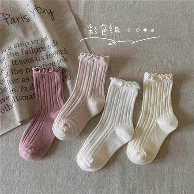 素色花邊襪四雙入／款式-彩色,尺碼-M(3-5歲)