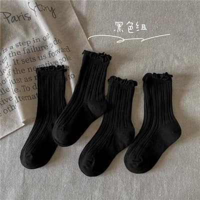 素色花邊襪四雙入／款式-黑色,尺碼-M(3-5歲)