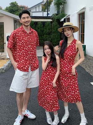 紅底白花渡假親子裝(80-150/S-3XL)