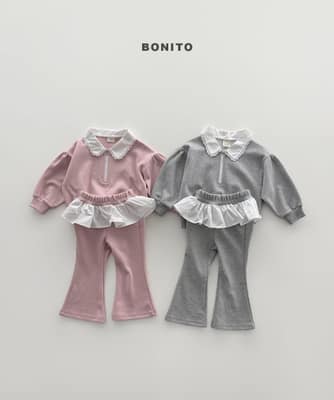韓國🇰🇷Bonito 花邊領拉鍊衫裙擺喇叭褲套裝(12m-XL/JS-JM)