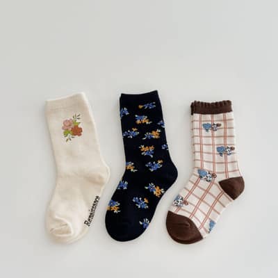 秋季碎花長襪三雙入／顏色-1214,尺碼-S（建議腳長12-15cm）約1-3歲