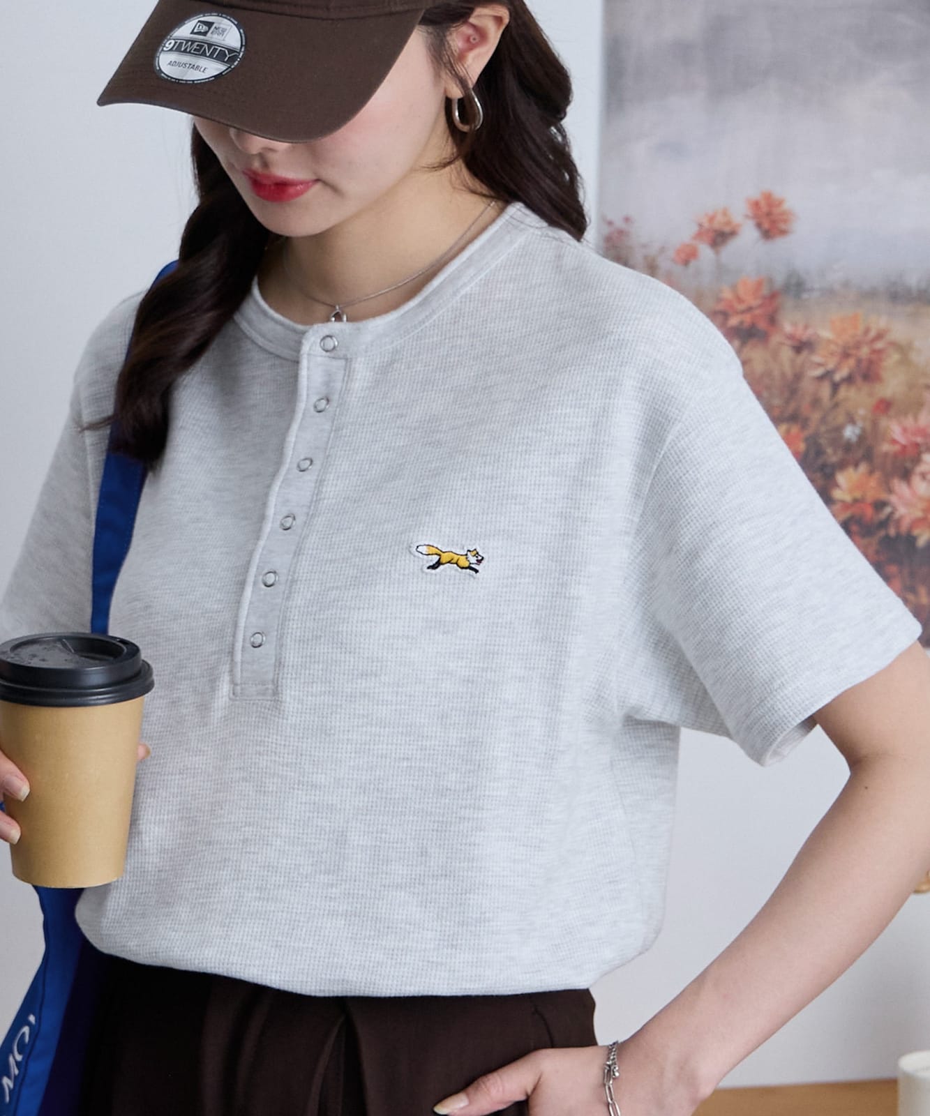 日本特價🇯🇵PENNEYS THE FOX 刺繡華夫格亨利領寬鬆短袖T恤