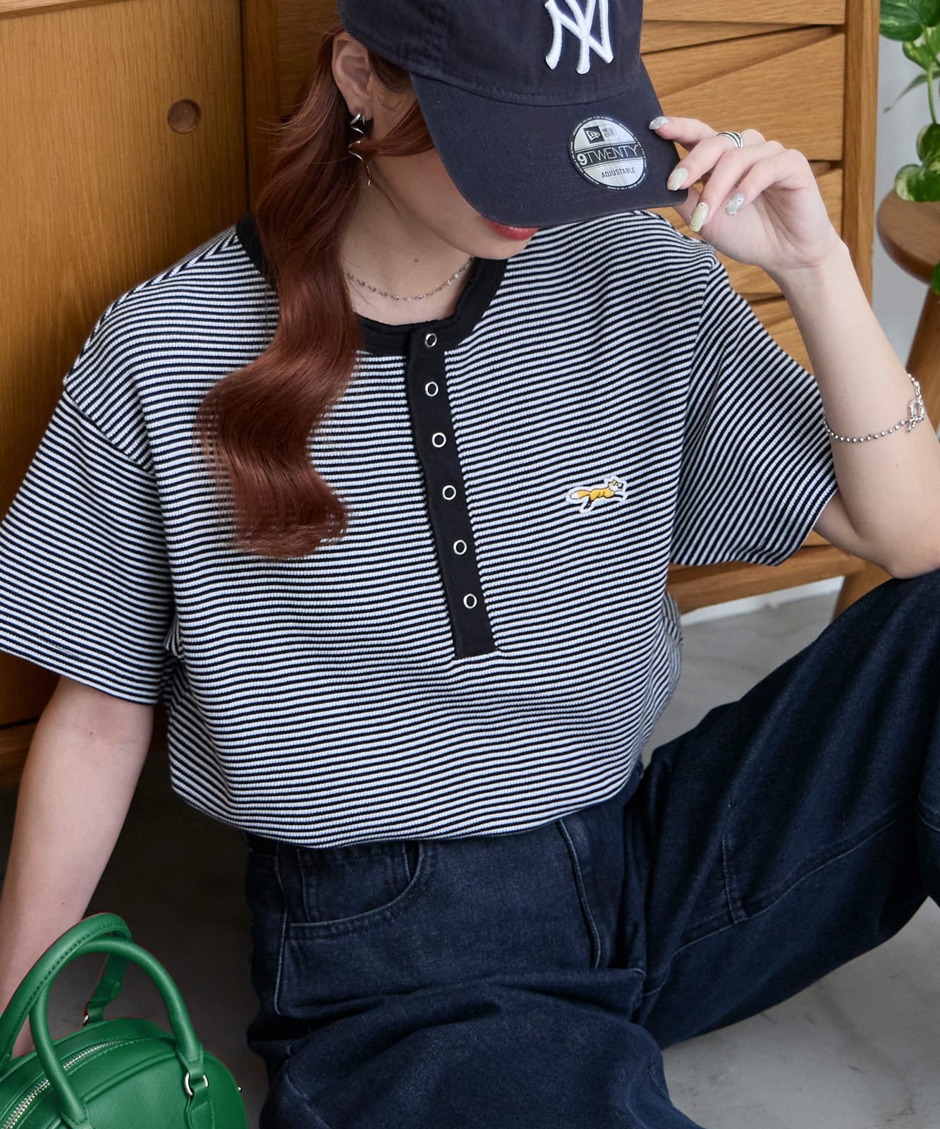 日本特價🇯🇵PENNEYS THE FOX 刺繡華夫格亨利領寬鬆短袖T恤